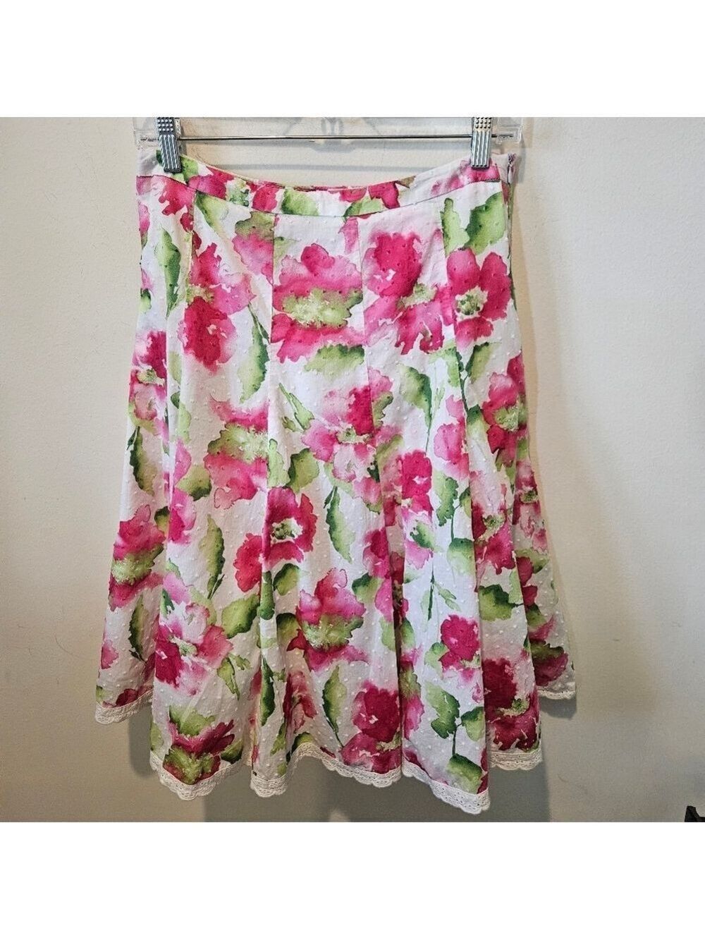 Dressbarn Women's Floral Swiss Dot A-line Midi Skirt Scalloped Eyelet Hem, 6